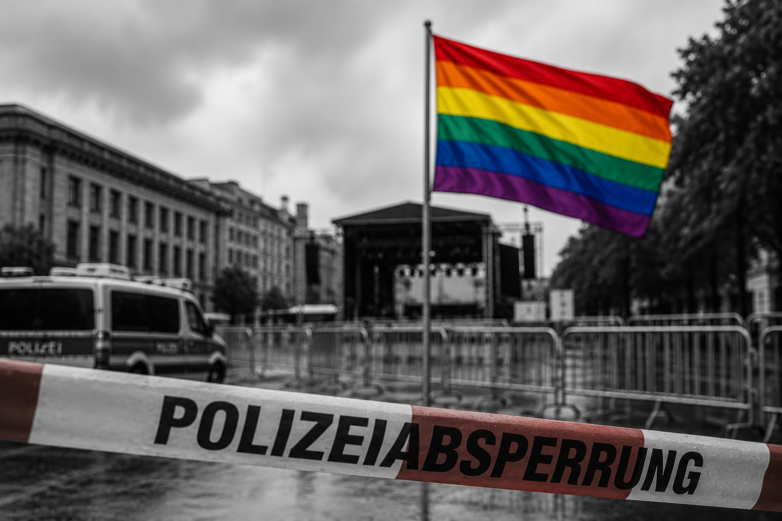Regenbogenfahne hinter Polizeiabsperrung vor einer Veranstaltungsbühne – Symbolbild für den Schutz der Freiheit und queerer Menschen.